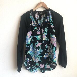 Yumi Kim Womens Black Floral 100% Silk Long Sleeve Blouse Size XS Buttons